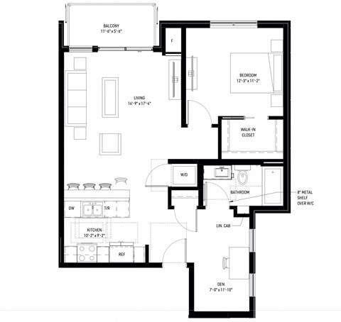 Floor plan for 1 bed, 1 bath, 860 sqft